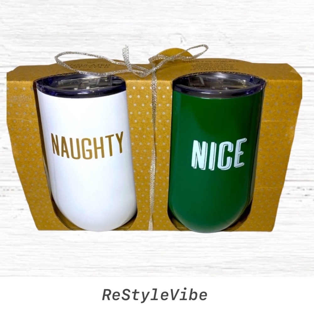 Cantini Set 2 Stainless Steel Wine Tumblers NWT Christmas Naughty Nice Glasses